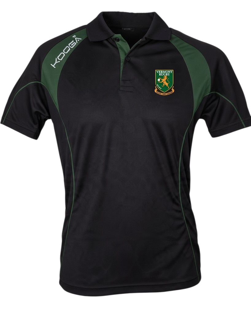Ruggers Team Stores UVM RFC Kooga moisture-wicking black and green polo shirt with embroidered Vermont Rugby logo